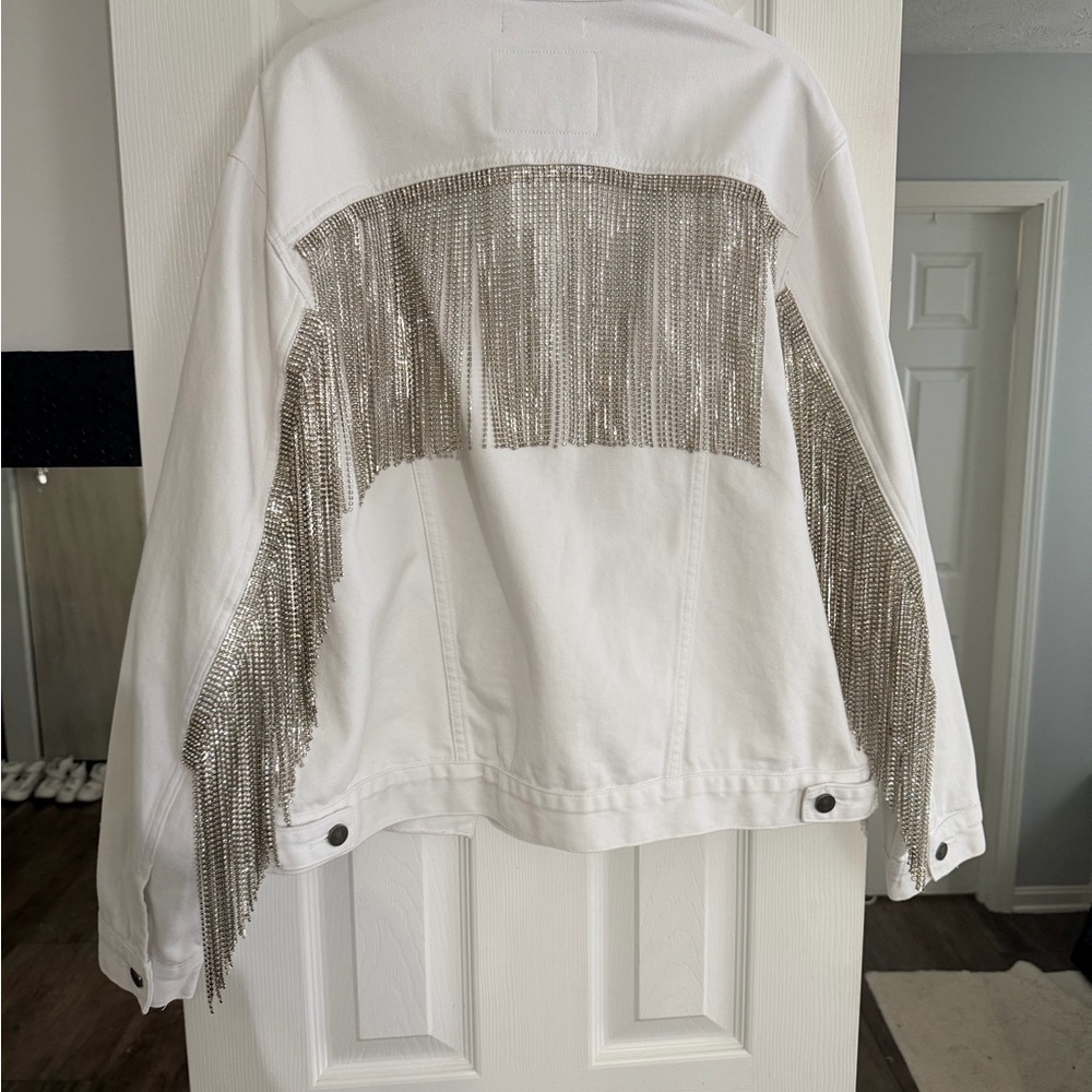 Chic daniel diamond White Denim Jacket with rhinestone Fringe xl